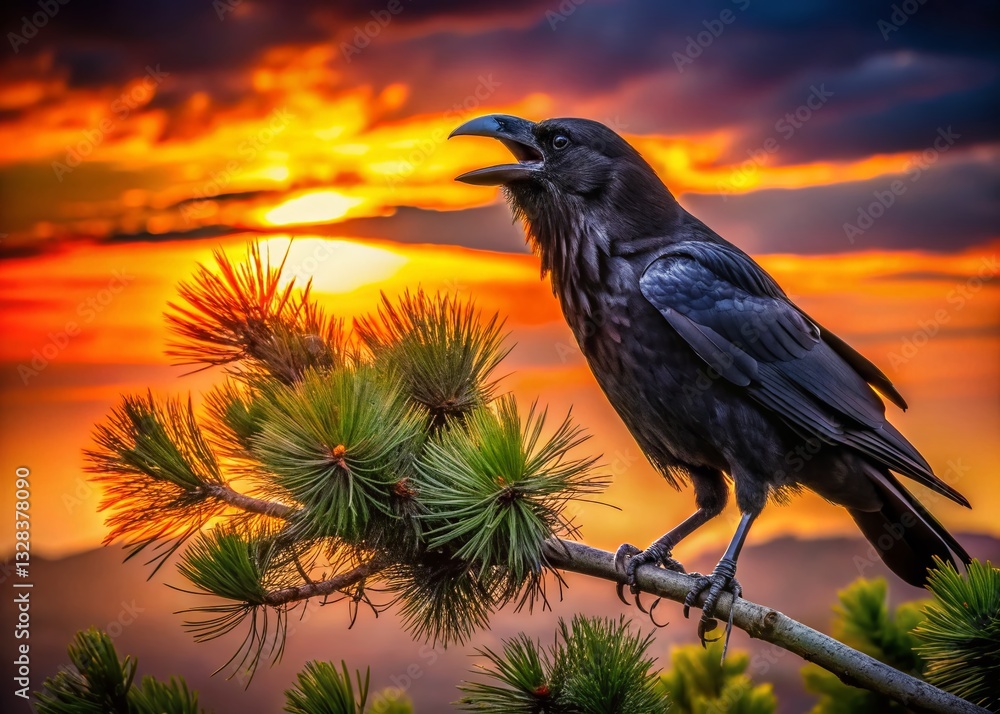 Fototapeta premium Silhouette of a Raven Screaming Atop a Pine Tree at Sunset