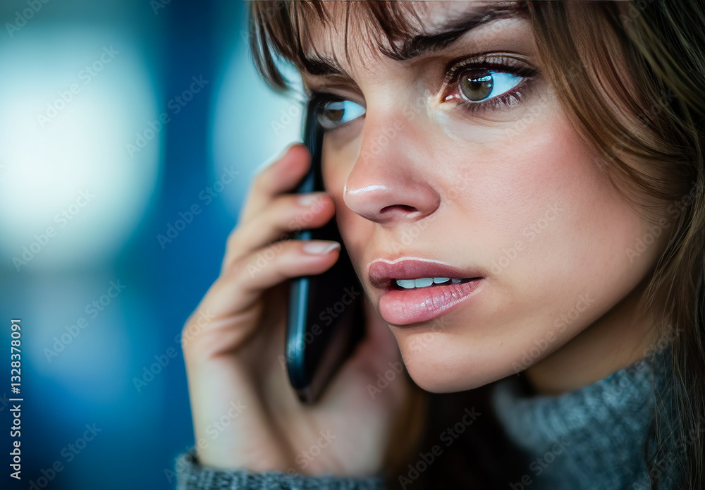 Anxious young woman on a phone call. Potential scammers or disturbing news.