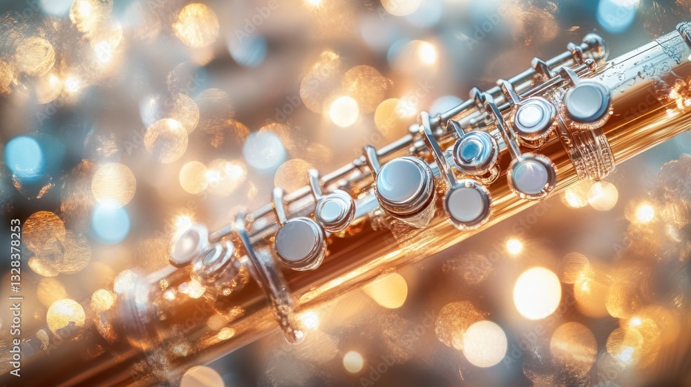 Fototapeta premium A beautiful flute instrument with shiny buttons and decorative background