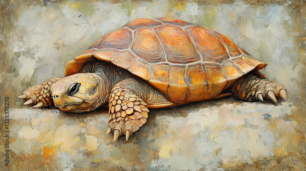 Detailed Artwork of a Resting Turtle on a Textured Background Detailed Artwork of a Resting Turtle on a Textured Background