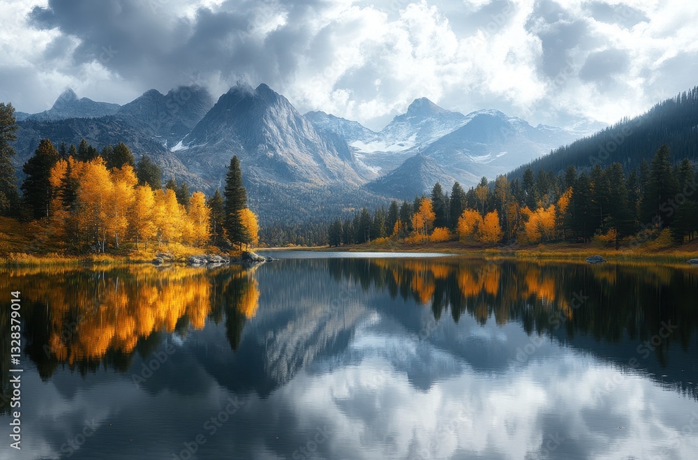 Obraz premium Serene Autumn Landscape with Vibrant Trees, Majestic Mountains, and Reflective Lake Under Dramatic Cloudy Sky in Nature's Breathtaking Beauty