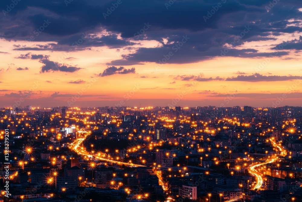Fototapeta premium City lights illuminate the landscape during a vibrant sunset, creating a breathtaking panorama