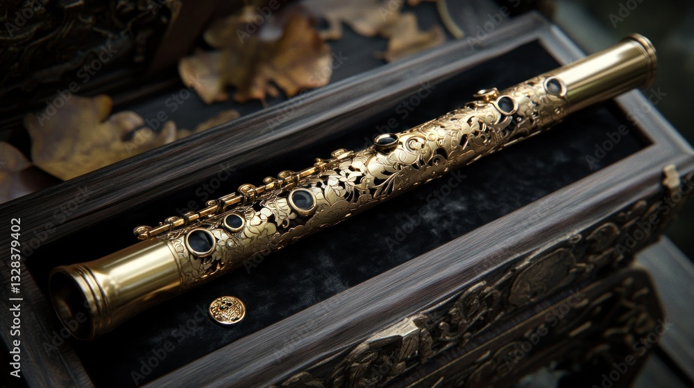 Naklejka premium Ornate golden flute rests inside an antique wooden decorative box