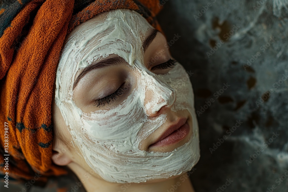 Fototapeta premium Woman Relaxed Spa Face Mask Treatment Beauty Care Skin Clay Girl Cream White Towel Health Orange