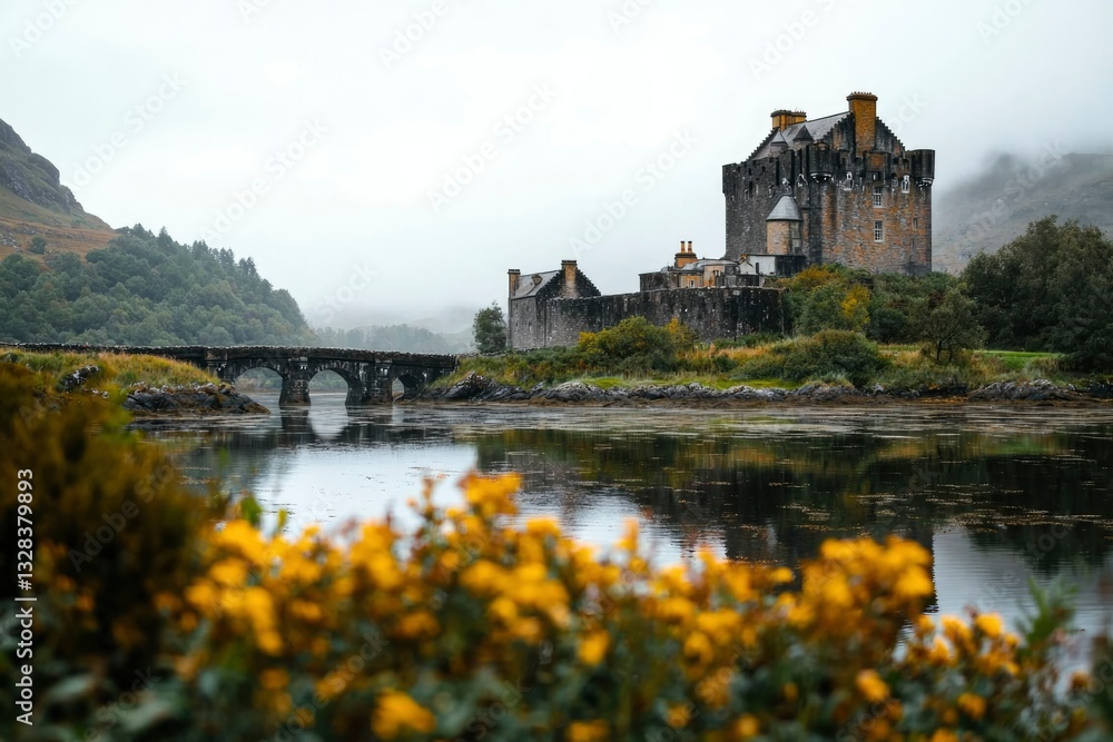 Misty Scottish castle reflected in calm water, framed by yellow wildflowers Misty Scottish castle reflected in calm water, framed by yellow wildflowers