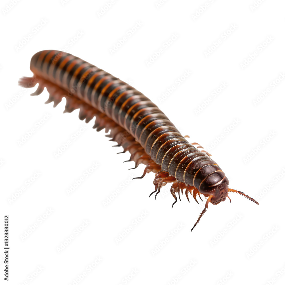 A detailed close-up of a millipede showcasing its segmented body and distinct coloration isolated on transparent background. A detailed close-up of a millipede showcasing its segmented body and distinct coloration isolated on transparent background.