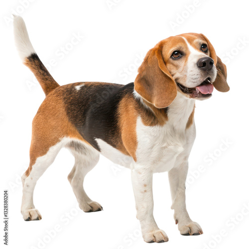 A playful Beagle stands confidently, showcasing its distinct coat and friendly expression isolated on transparent background.