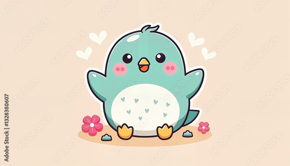 Charming baby bird surrounded by flowers, expressing joy on a soft pastel background with hearts Charming baby bird surrounded by flowers, expressing joy on a soft pastel background with hearts