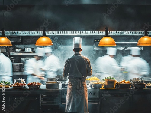 A chef working in a bustling restaurant kitchen, surrounded by steam and activity.