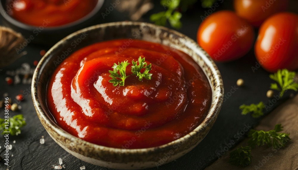 Rich, vibrant tomato sauce in bowl, garnished with parsley, alongside fresh tomatoes and spices Rich, vibrant tomato sauce in bowl, garnished with parsley, alongside fresh tomatoes and spices