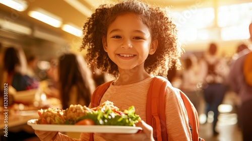 Happy girl holds a plate of food in a school cafeteria.  Sunlight streams in