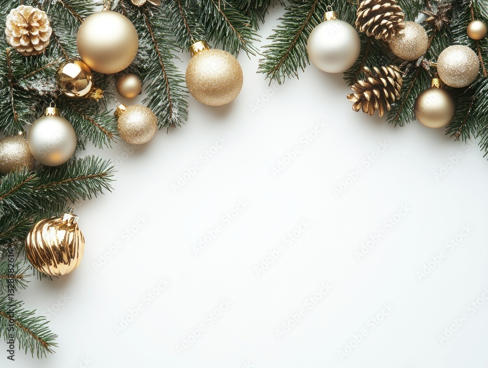 Festive Christmas border of gold and silver ornaments, pine cones, and fir branches on white background. Festive Christmas border of gold and silver ornaments, pine cones, and fir branches on white background.