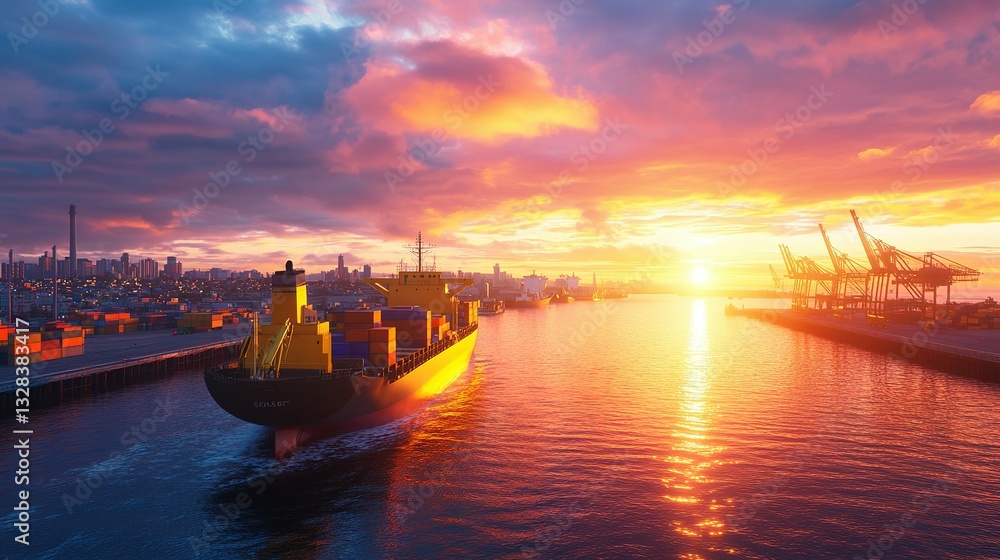 A large container ship sails toward a beautiful sunset over water A large container ship sails toward a beautiful sunset over water