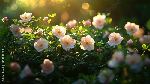 Soft sunlight illuminates a field of delicate, pale pink blossoms, creating a serene and peaceful scene