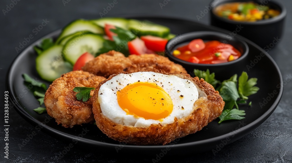 Fried egg cutlet with fresh salad and tomato sauce Fried egg cutlet with fresh salad and tomato sauce