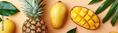 Vibrant flatlay of tropical fruits pineapple mango and leaves kitchen aesthetic food arrangement bright setting cheerful concept