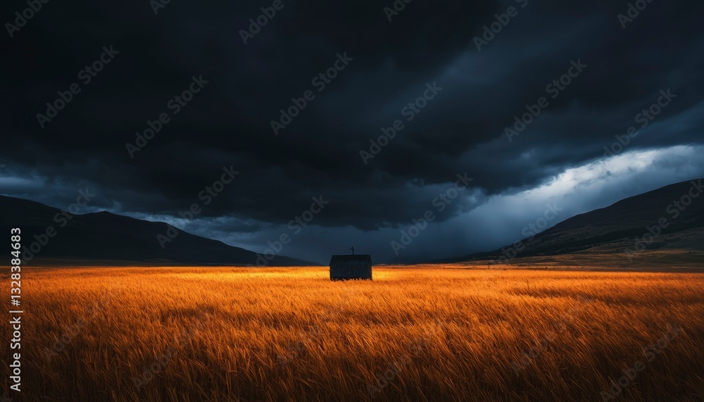 Fototapeta premium Golden field, solitary hut under dramatic stormy sky. Mountains in distance