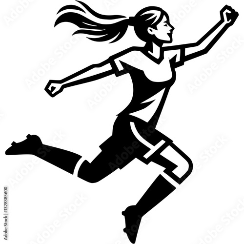 Sport emblem of female soccer player celebrates scoring goal against an opponent in monochrome. Engraving minimalistic vector in black ink drawing on transparent background