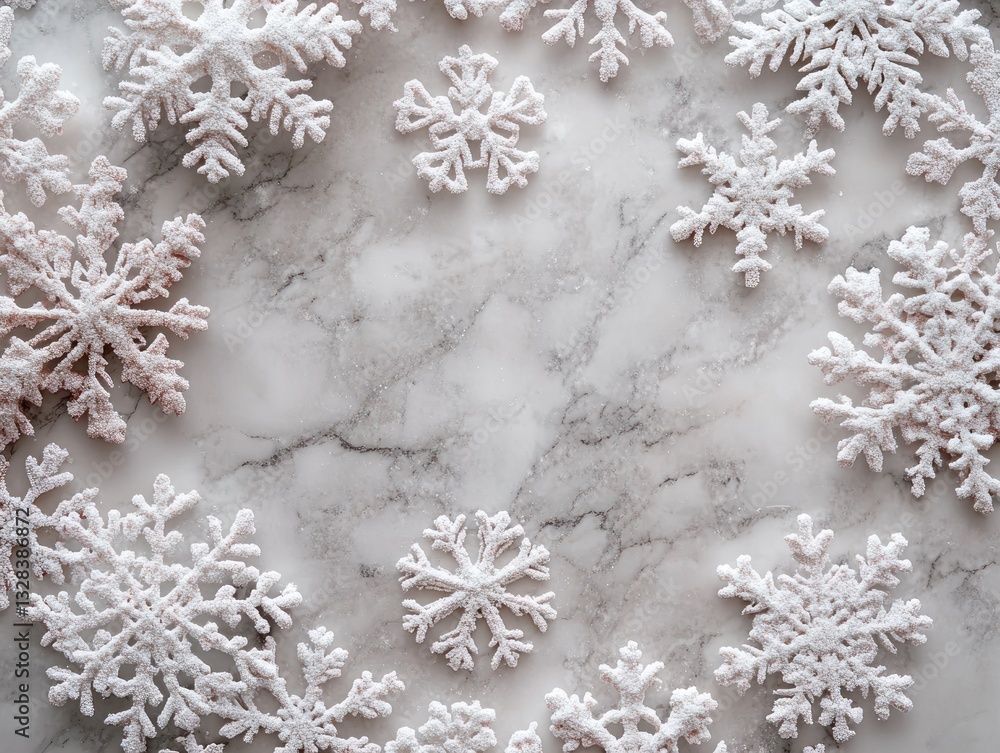 White snowflake shaped cookies arranged on marble background, leaving space in the center. White snowflake shaped cookies arranged on marble background, leaving space in the center.