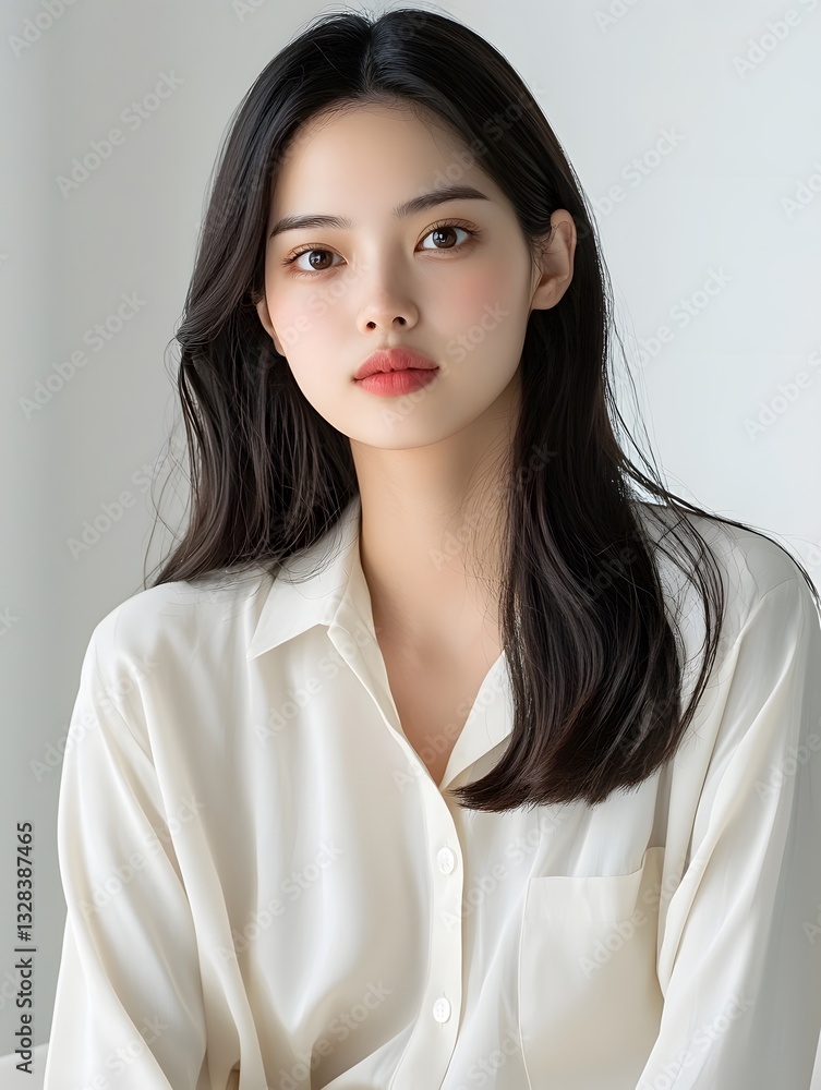 Elegant young woman with a confident and thoughtful expression posing in a simple clean studio setting with soft directional lighting Elegant young woman with a confident and thoughtful expression posing in a simple clean studio setting with soft directional lighting