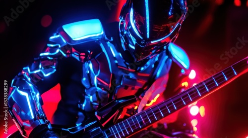 A futuristic musician performs on an illuminated electric bass guitar