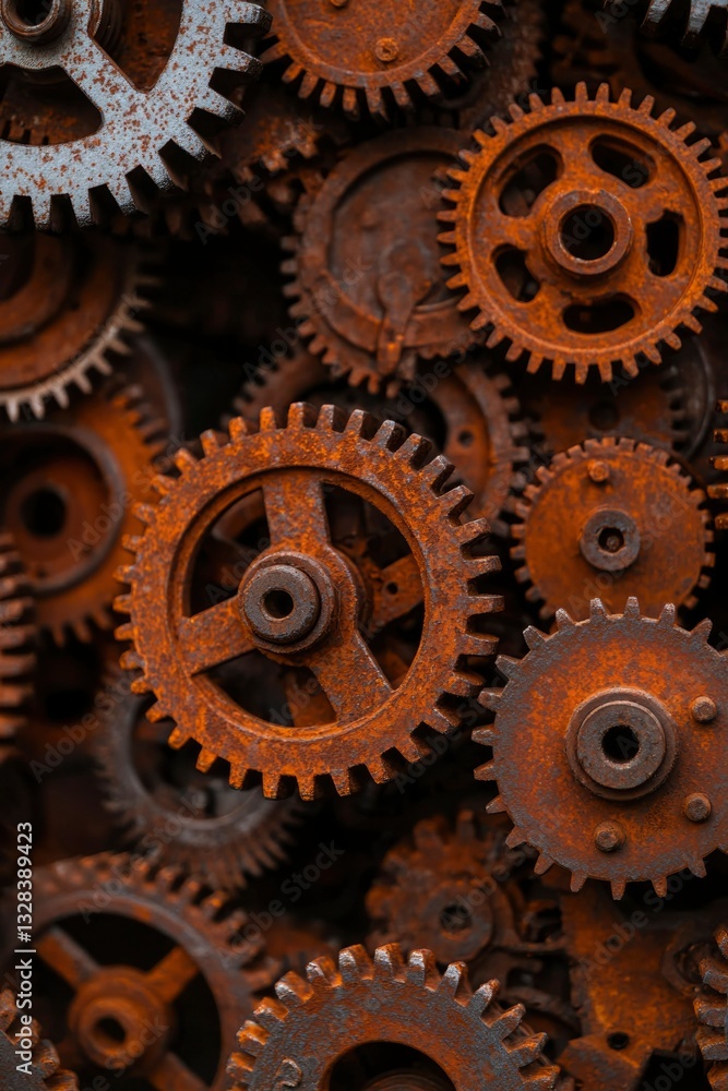 A close-up shot of rusty, interwoven gears, showcasing intricate details and textures. The image evokes a sense of age and industry A close-up shot of rusty, interwoven gears, showcasing intricate details and textures. The image evokes a sense of age and industry