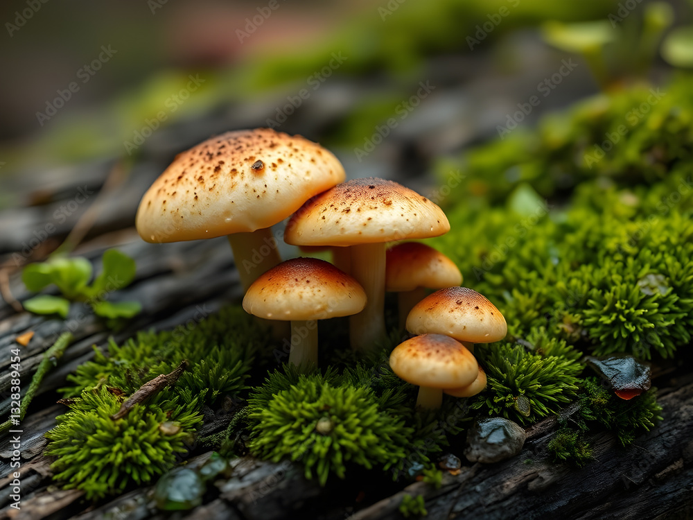 Fototapeta premium Close-up of a cluster of tan mushrooms with white spots growing in a mossy, woodland environment.