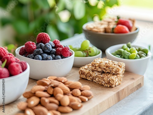Creative snack bar setup featuring organic nuts and fruits home kitchen food display natural environment close-up healthy living