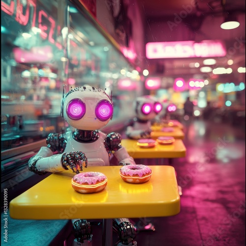 Wallpaper Mural A futuristic robot sitting at a table with colorful desserts in a neon-lit setting. Torontodigital.ca