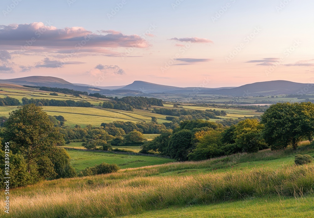 Fototapeta premium Serene Landscape at Dusk with Rolling Hills, Lush Greenery, and Soft Clouds in the Sky Captured in a Picturesque Rural Setting