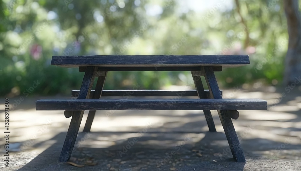 Wooden Picnic Table Surrounded by Greenery in Bright Natural Setting Wooden Picnic Table Surrounded by Greenery in Bright Natural Setting