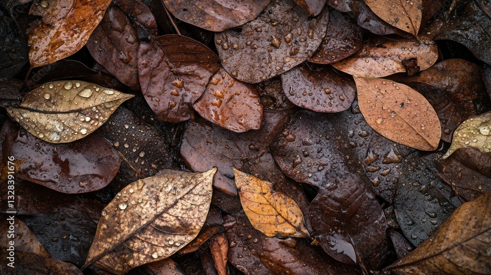 Fallen brown and golden leaves covered in raindrops after a rainfall Fallen brown and golden leaves covered in raindrops after a rainfall