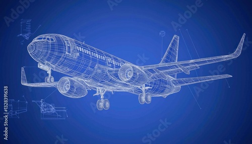Wireframe model of a passenger airplane, showcasing intricate design details