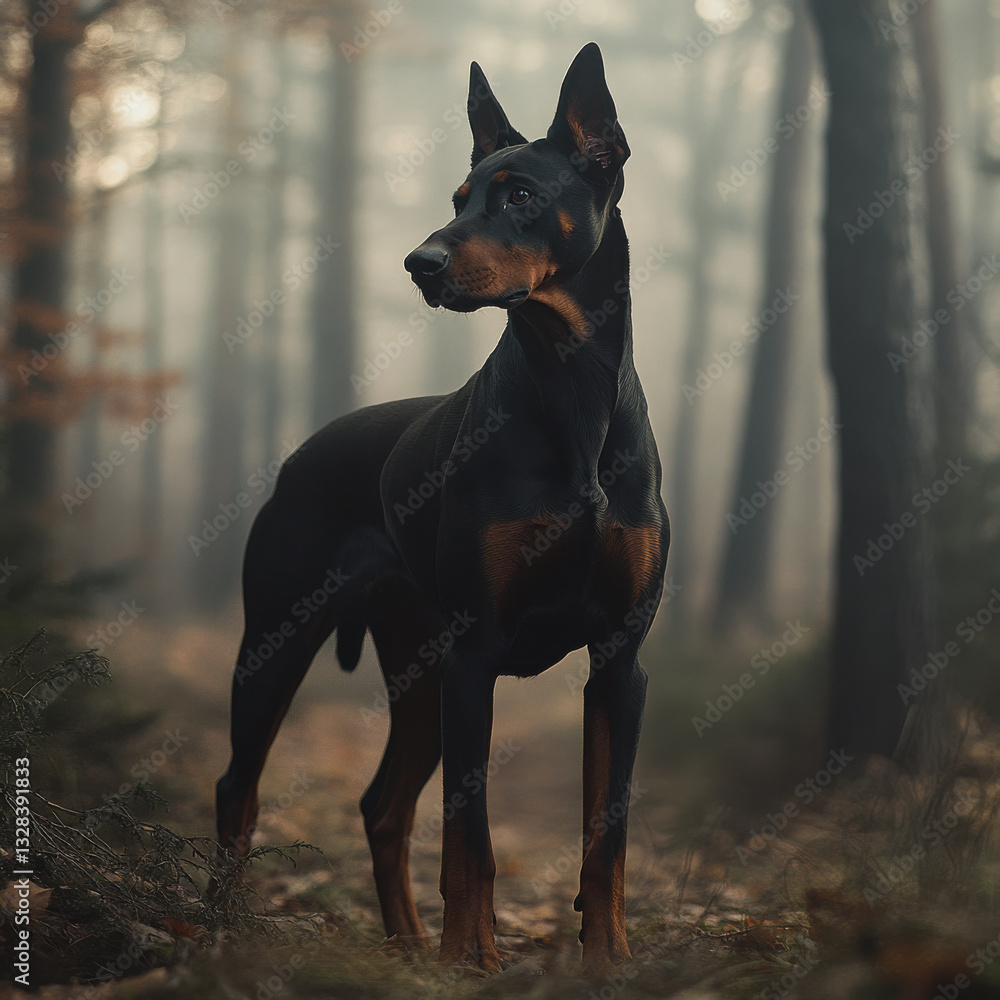 Doberman standing proudly in a misty forest, powerful and elegant, cinematic composition, UHD 8K Doberman standing proudly in a misty forest, powerful and elegant, cinematic composition, UHD 8K