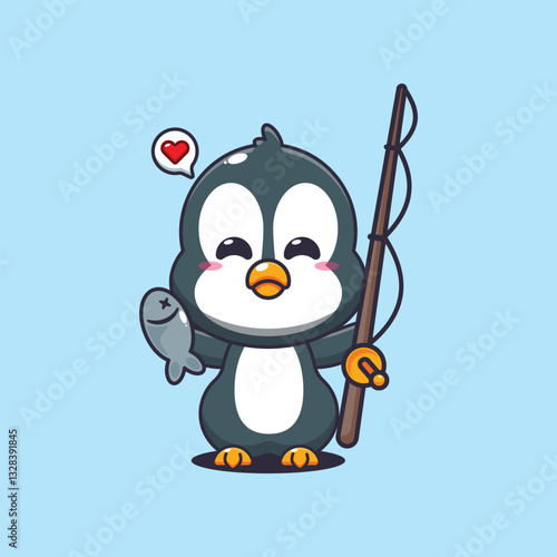 Penguin cartoon vector illustration catching fish with fishing rod