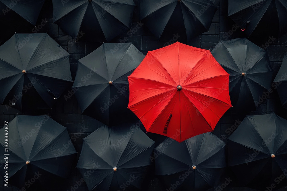 Red umbrella flying above black umbrellas Red umbrella flying above black umbrellas