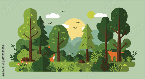Peaceful Green Forest Landscape with Trees and Mountains