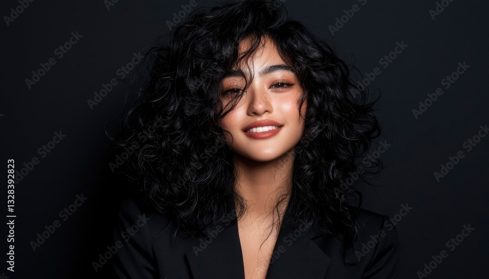 Close-up portrait of a smiling woman with voluminous curly hair, wearing a black blazer against a dark background Close-up portrait of a smiling woman with voluminous curly hair, wearing a black blazer against a dark background
