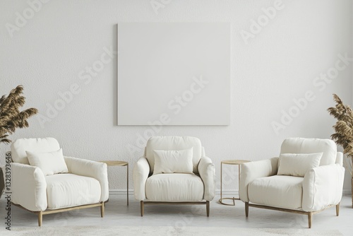 Scandinavian room in white, cozy armchairs, space for art, 3D render.