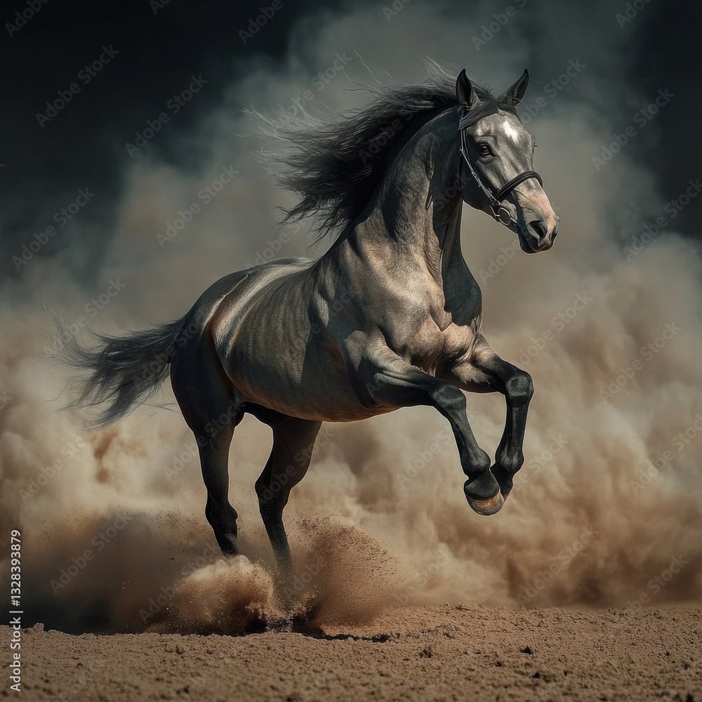 Elegant gray horse sprinting in slow-motion, dust flying, cinematic masterpiece, UHD 8K Elegant gray horse sprinting in slow-motion, dust flying, cinematic masterpiece, UHD 8K