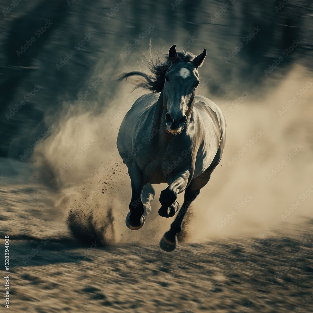 Obraz premium Elegant gray horse sprinting in slow-motion, dust flying, cinematic masterpiece, UHD 8K