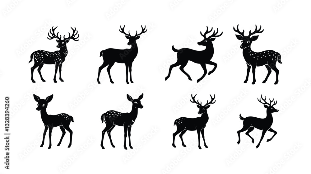 Fototapeta premium Deer silhouette illustration bundle set on white BG . Best silhouette illustration for logo , t shirt , and print design.
