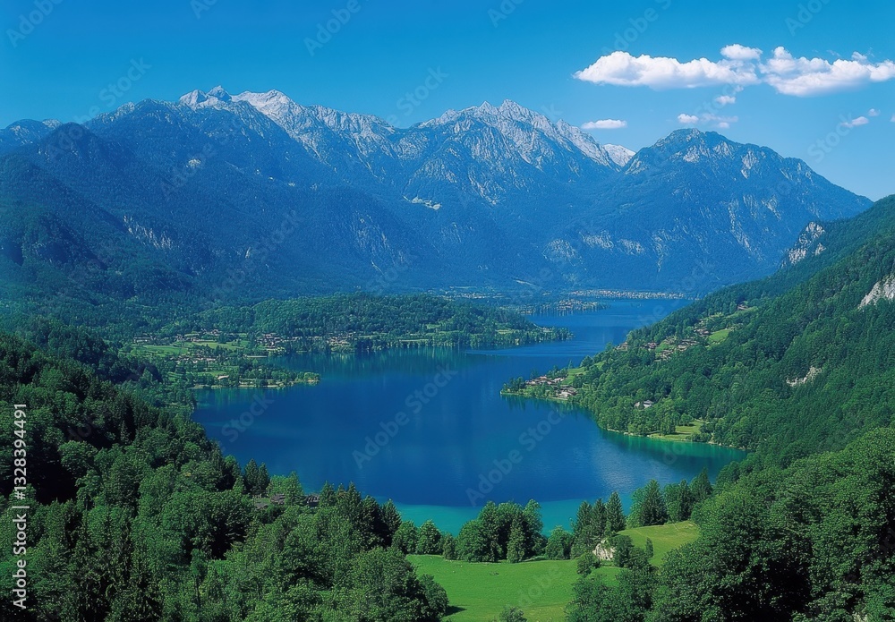 Serene Landscape of Mountains and Lake Under Clear Blue Sky with Lush Green Forest and Rolling Hills in Bright Summer Day Serene Landscape of Mountains and Lake Under Clear Blue Sky with Lush Green Forest and Rolling Hills in Bright Summer Day
