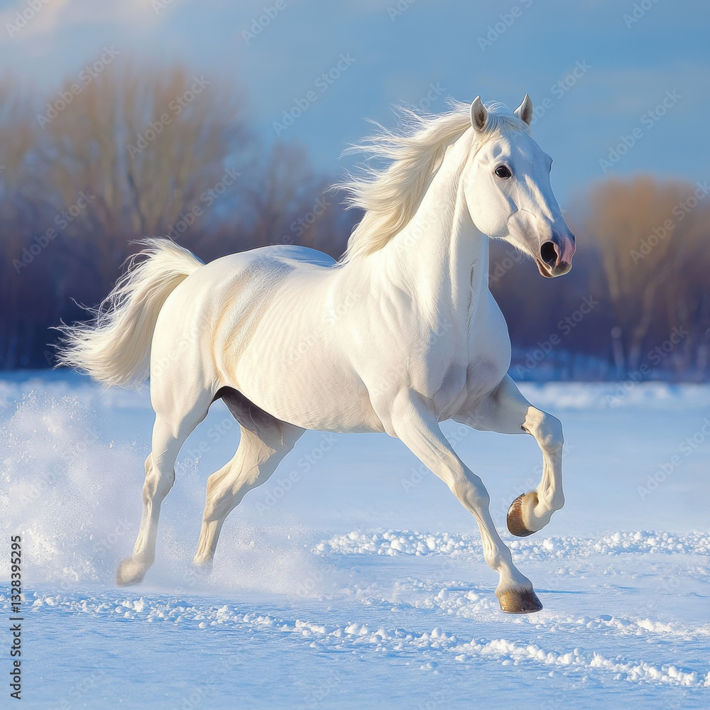 Fototapeta premium Elegant white stallion running across a snowy field, power and grace, breathtaking winter scene, UHD 8K 