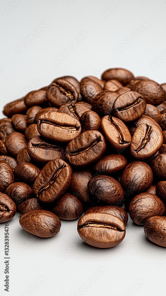 Naklejka premium Glistening Dark Brown Roasted Coffee Beans on Off White Background