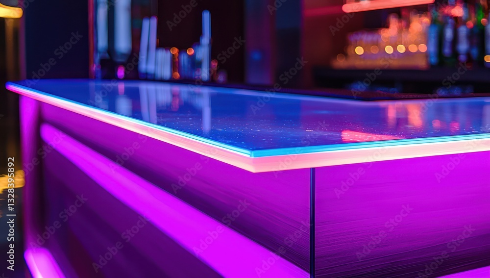 Sleek bar counter enhanced by soft neon lighting and reflective decor. Sleek bar counter enhanced by soft neon lighting and reflective decor.
