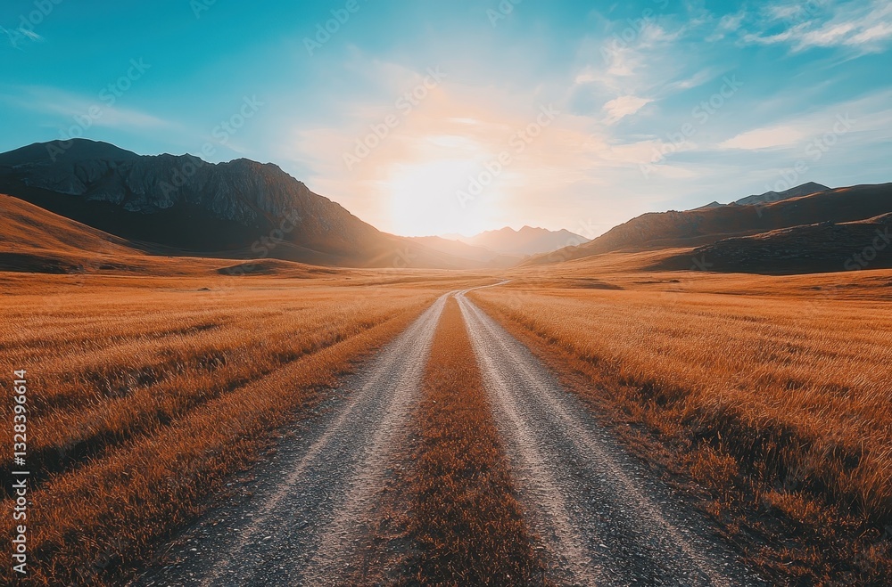 Naklejka premium Serene Landscape with Gravel Road Leading Towards Majestic Sunlit Mountains Under a Clear Blue Sky at Golden Hour