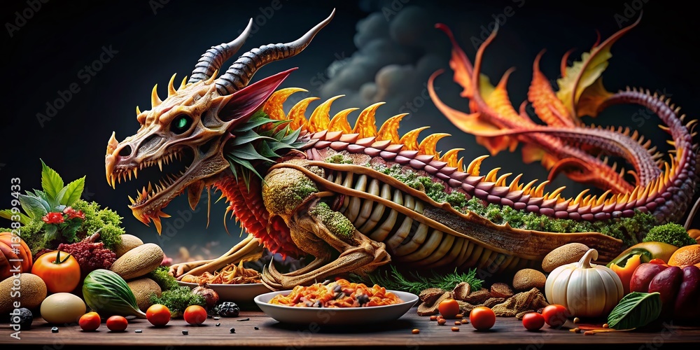 Fototapeta premium Spooky Halloween Dragon Skeleton Feast: Gourmet Food Photography