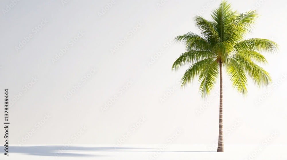 Obraz premium Lone palm tree casting shadow on white, sunny backdrop, tropical vibes