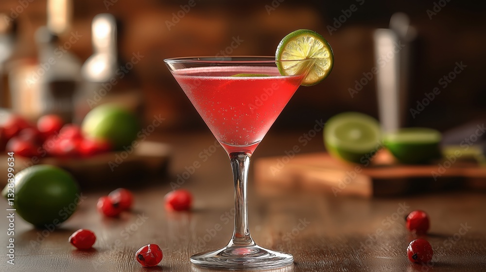 Refreshing cocktail served in a clear glass with a lime slice garnishing on a wooden table with fruit surrounding Refreshing cocktail served in a clear glass with a lime slice garnishing on a wooden table with fruit surrounding